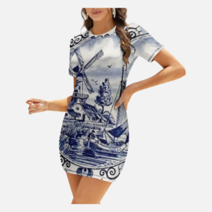 Blue Delft Print Short-Sleeved Elegant Women's Dress